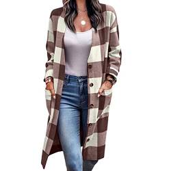 Cocoarm Damen Karierte Hemd Jacke Langarm Shacket Hemdjacke Karo Hemd Bluse Mantel mit Knöpfen Lang Freizeitjacke Oberteile mit Tasche(XL-Hellbraun) von Cocoarm