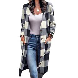 Cocoarm Damen Karierte Hemd Jacke Langarm Shacket Hemdjacke Karo Hemd Bluse Mantel mit Knöpfen Lang Freizeitjacke Oberteile mit Tasche(XL-Schwarz) von Cocoarm