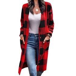 Cocoarm Damen Karierte Hemd Jacke Langarm Shacket Hemdjacke Karo Hemd Bluse Mantel mit Knöpfen Lang Freizeitjacke Oberteile mit Tasche(XXL-rot) von Cocoarm