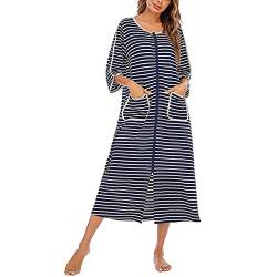 Cocoarm Damen Lang Morgenmantel Gestreiftes Langes Nachthemd mit 3/4 Ärmel Reißverschluss Rundhals Nachtwäsche mit Tasche Weiche Gemütliche Robe Loungewear Hausmantel(L-Navy blau) von Cocoarm