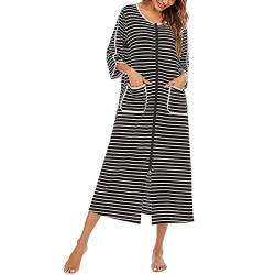 Cocoarm Damen Lang Morgenmantel Gestreiftes Langes Nachthemd mit 3/4 Ärmel Reißverschluss Rundhals Nachtwäsche mit Tasche Weiche Gemütliche Robe Loungewear Hausmantel(XL-Schwarz) von Cocoarm