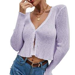 Cocoarm Damen Langarm Strickjacke V Ausschnitt Kurz Cardigan Damenoberteil für Frühling, Sommer und Herbst(L-Violett) von Cocoarm