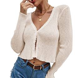 Cocoarm Damen Langarm Strickjacke V Ausschnitt Kurz Cardigan Damenoberteil für Frühling, Sommer und Herbst(S-Aprikose) von Cocoarm