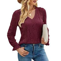 Cocoarm Damen Langarmshirt V-Ausschnitt Spitze Häkelbluse Top Lose Blumenstickerei Knopf Schlüsselloch Hollow Out Fit Pullover (XL) von Cocoarm