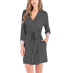 Cocoarm Damen Morgenmantel Bademantel Kurz Negligee Nachtwäsche V-Ausschnitt Saunamantel Loungewear mit Gürtel und Taschen(L-Dunkelgrau) von Cocoarm