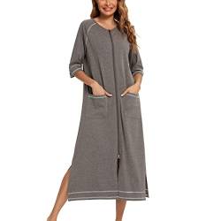 Cocoarm Damen Nachthemd Casual Langes Morgenmantel Halbarm Nachthemden mit Reißverschluss Nachtwäsche mit Taschen Loungewear (L-Grau) von Cocoarm