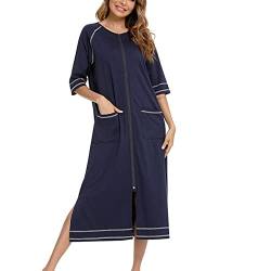 Cocoarm Damen Nachthemd Casual Langes Morgenmantel Halbarm Nachthemden mit Reißverschluss Nachtwäsche mit Taschen Loungewear (XL-Navy blau) von Cocoarm