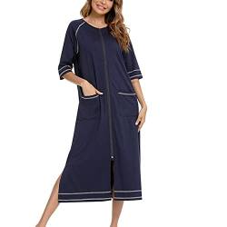 Cocoarm Damen Nachthemd Casual Langes Morgenmantel Halbarm Nachthemden mit Reißverschluss Nachtwäsche mit Taschen Loungewear (XXL-Navy blau) von Cocoarm