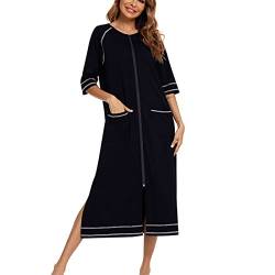 Cocoarm Damen Nachthemd Casual Langes Morgenmantel Halbarm Nachthemden mit Reißverschluss Nachtwäsche mit Taschen Loungewear (m-Schwarz) von Cocoarm