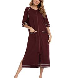 Cocoarm Damen Nachthemd Casual Langes Morgenmantel Halbarm Nachthemden mit Reißverschluss Nachtwäsche mit Taschen Loungewear (m-Weinrot) von Cocoarm