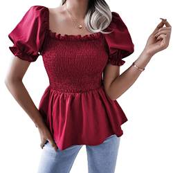 Cocoarm Damen Renaissance Bluse Kurze Ärmel Tops mit Rüschenhals Steampunk Victorian Tops Kurze Puffärmel Blusen Casualshirt mit Eckiger Ausschnitt Sommer Oberteil (L-rot) von Cocoarm