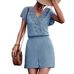 Cocoarm Damen Sommer Jumpsuit kurz Overall Elegant Playsuit V Ausschnitt mittlerer Taille gerade Shorts Kurzarm Romper Strand Spielanzug für Freizeit Zuhause Urlaub Outdoor(L-Blau) von Cocoarm