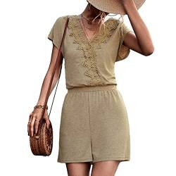 Cocoarm Damen Sommer Jumpsuit kurz Overall Elegant Playsuit V Ausschnitt mittlerer Taille gerade Shorts Kurzarm Romper Strand Spielanzug für Freizeit Zuhause Urlaub Outdoor(L-Khaki) von Cocoarm