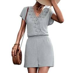 Cocoarm Damen Sommer Jumpsuit kurz Overall Elegant Playsuit V Ausschnitt mittlerer Taille gerade Shorts Kurzarm Romper Strand Spielanzug für Freizeit Zuhause Urlaub Outdoor(S-Hellgrau) von Cocoarm