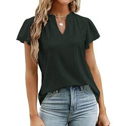 Cocoarm Damen Sommerbluse Elegante Rüschenärmel Baggy Top V-Ausschnitt Kurzarm Top Atmungsaktives Ösen Design Sommer Pullover Top (XXL) von Cocoarm