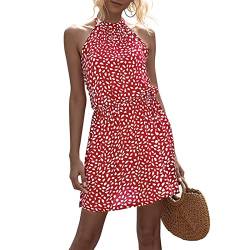 Cocoarm Damen Sommerkleid Neckholder Ärmellos Kleider Kurzes Casual Polka Dot Sommer Boho Kleid Strandkleid Partykleid Minikleid mit Elastisches Taillenband(L-rot) von Cocoarm