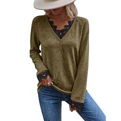 Cocoarm Damen Strickpullover Spitze V-Ausschnitt Langarm Strickwaren Pullover Elegant Sweatshirt Casual Oberteile Locker Tops Strickpulli Freizeitbluse Streetwear(S-Khaki) von Cocoarm