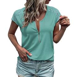 Damen T Shirt Sommer Spitze Kurzarm Sexy V-Ausschnitt Oberteile Casual Loose T-Shirt Einfarbig Elegant Top Bluse mit Halbem Reißverschluss Design(m-Blauer See) von Cocoarm