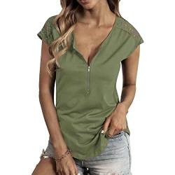 Cocoarm Damen T Shirt Sommer Spitze Oberteile Kurzarm Sexy V-Ausschnitt Bluse Casual Loose T-Shirt Einfarbig Elegant Top mit Halbem Reißverschluss Design(m-Grün) von Cocoarm