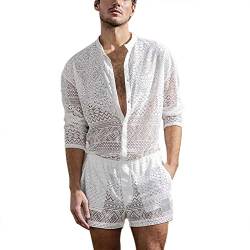 Cocoarm Herren Spitzenhemd Shorts Set Transparen Spitze Button Down Langarm Hemd Lässig Hohl Oberteil Shorts Set für Männer(L-Weiß) von Cocoarm