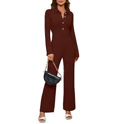 Cocoarm Jumpsuit Damen Langarm Overall Elegant Umlegekragen Playsuit Casual Lang Romper Knopf Oberteile Gerade Beinhose Lässiger Hosenanzug(S-Kaffee) von Cocoarm