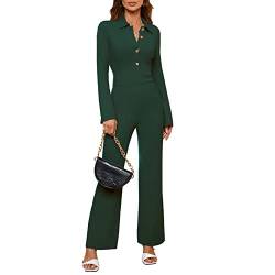 Cocoarm Jumpsuit Damen Langarm Overall Elegant Umlegekragen Playsuit Casual Lang Romper Knopf Oberteile Gerade Beinhose Lässiger Hosenanzug(XL-Grün) von Cocoarm