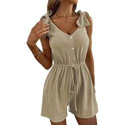 Cocoarm Jumpsuit Damen Sommer ärmellos Overall mit Schulterbindung und Kordelzug V-Ausschnitt Einfarbig Kurzer Strampler Knopfleiste Weite Beine Spielanzug(2XL-Khaki) von Cocoarm