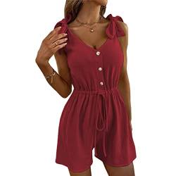 Cocoarm Jumpsuit Damen Sommer ärmellos Overall mit Schulterbindung und Kordelzug V-Ausschnitt Einfarbig Kurzer Strampler Knopfleiste Weite Beine Spielanzug(2XL-rot) von Cocoarm