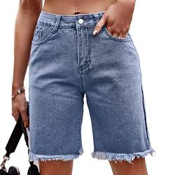 Cocoarm Knielange Jeans-Shorts für Damen, Gerades Bein, Mittlere Leibhöhe, Quaste, Kausale, Reguläre Passform, Kurze, Weiche Sommer-Denim-Hose (XXL) von Cocoarm