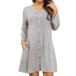 Cocoarm Nachthemd Damen Rundhalsausschnitt Nachtkleid Nachtwäsche mit Knöpfe Schlafanzug Pyjama mit 3/4 Ärmel Pyjamakleid(2XL-Hellgrau) von Cocoarm