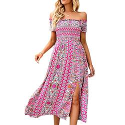 Cocoarm Sommerkleid Damen Sommer Schulterfreies Kleid Maxi Kleider Strandkleid Wickelkleid Ärmellos Blumenkleid Boho Drucken Casual Partykleid Strandkleider Schlitz Freizeitkleid Lang Kleid(m-Rosa) von Cocoarm