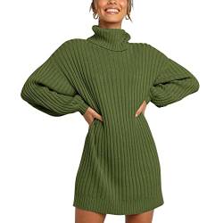 Cocoarm Strickkleid Damen Pulloverkleid mit Langes Laternen Ärmel Elegant Rollkragenpullover Pulli Strickpullover Knielangen Casual Pullover Warm halten Winter Pullikleid (XS-OD-Grün) von Cocoarm