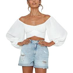 Damen Bauchfrei Oberteil Schulterfrei Rüschen Wrap Crop Top Langarmshirt mit Lange Puffärmel Bluse Binden Zurück Shirts für Party Freizeit(L-Typ 2) von Cocoarm