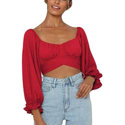 Damen Bauchfrei Oberteil Schulterfrei Rüschen Wrap Crop Top Langarmshirt mit Lange Puffärmel Bluse Binden Zurück Shirts für Party Freizeit(L-Typ 3) von Cocoarm