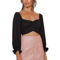 Damen Bauchfrei Oberteil Schulterfrei Rüschen Wrap Crop Top Langarmshirt mit Lange Puffärmel Bluse Binden Zurück Shirts für Party Freizeit(S-Typ 1) von Cocoarm