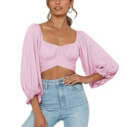 Damen Bauchfrei Oberteil Schulterfrei Rüschen Wrap Crop Top Langarmshirt mit Lange Puffärmel Bluse Binden Zurück Shirts für Party Freizeit(XL-Typ 4) von Cocoarm