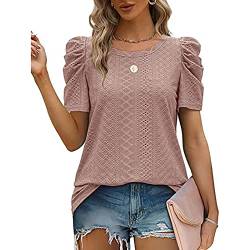 Damen Bluse Kurzarm Rundhalsausschnitt T Shirt Puffärmel Tunika Oberteil Reine Farbe Lose Tops Reine Farbe Freizeitbluse (L) von Cocoarm