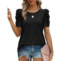 Damen Bluse Kurzarm Rundhalsausschnitt T Shirt Puffärmel Tunika Oberteil Reine Farbe Lose Tops Reine Farbe Freizeitbluse (XL) von Cocoarm