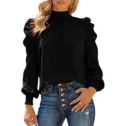 Damen Bluse Langarm Shirts mit Laternenhülle Elegante Lockere Lässige Top Reine Farbe Hemd Oberteil(XXL-Schwarz) von Cocoarm