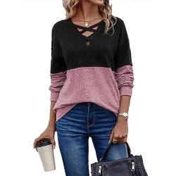 Damen-Bluse mit Tiefer Schulterpartie, Basic-Top, überkreuzter V-Ausschnitt, Elegante Langarm-Pullover-Shirts mit Farbblockierung (XL) von Cocoarm