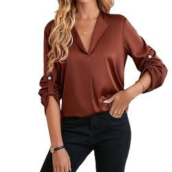 Damen-Bluse mit V-Ausschnitt, Lässig, Locker, Langärmelig, Einfarbig, Pullover-Shirt-Oberteil für den Alltag (XL) von Cocoarm
