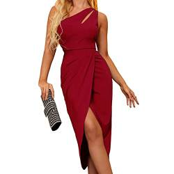 Damen Bodycon Abendkleid One Shoulder Schlitz Ballkleid Sexy Partykleid Schulterfrei Ärmellos Freizeitkleid Wickelkleid Sommerkleid Cocktailkleid Businesskleid mit Gerafft Irregulär Saum(S-Weinrot) von Cocoarm