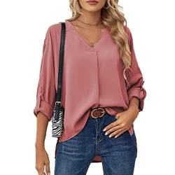Damen Casual Chiffon Bluse Langarm V-Ausschnitt Tunika Elegant T-Shirt Casual Loose Fit Shirts Top Lose Einfarbig Oberteile Hemdbluse(XL-Rosa) von Cocoarm