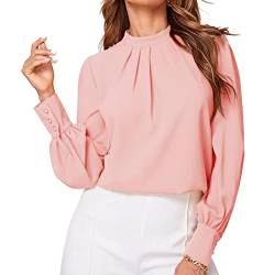 Damen Chiffon Bluse Casual Oberteile Klein Stehkragen Langarm Shirt Tops Elegant Hemd Plissee Tunika Freizeitbluse Hemdbluse(m-Rosa) von Cocoarm