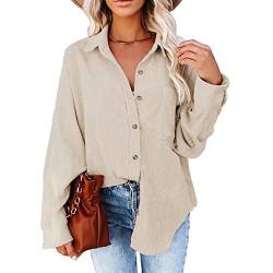 Damen Cordhemd Cordjacke Frauen Langarm Revers Bluse Hemd Einfarbig Tops Casual Oberteil Loost Fit Tuniken Freizeitbluse Streetwear mit Taschen und Knopfverschluss(XL-Aprikose) von Cocoarm