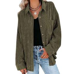 Damen Cordhemd Cordjacke Frauen Langarm Revers Bluse Hemd Einfarbig Tops Casual Oberteil Loost Fit Tuniken Freizeitbluse Streetwear mit Taschen und Knopfverschluss(XXL-OD-Grün) von Cocoarm