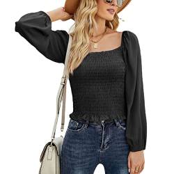 Damen Crop Top Lang Puffärmel mit Eckiger Ausschnitt Casual Oberteil Cropshirt Bluse Slim Fit Pullover Tops Einfarbig Tuniken Freizeitbluse(S-Schwarz) von Cocoarm