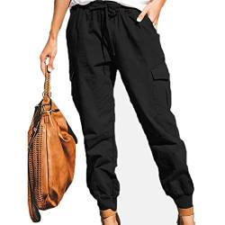 Damen Freizeithosen Multi Taschen Cargohose Elastische Taille Jogginghose Sporthose Workwear Outdoorhose mit Kordelzug(L-Schwarz) von Cocoarm