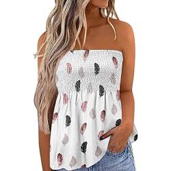 Damen Gesmoktes Röhrenoberteil Sexy Tank Top Ärmellos T-Shirt Spaghettiträger Rückenfrei Schulterfrei Blumendruck Tunika Plissee ärmelloses Schlankes Bluse Tops Sommer(M-Weiße kleine Feder) von Cocoarm