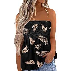 Damen Gesmoktes Röhrenoberteil Sexy Tank Top Ärmellos T-Shirt Spaghettiträger Rückenfrei Schulterfrei Blumendruck Tunika Plissee ärmelloses Schlankes Bluse Tops Sommer Weste(M-Schwarze Feder) von Cocoarm